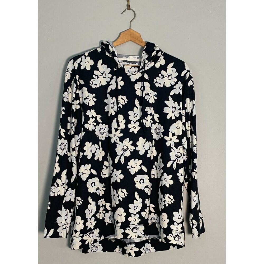 AnyBody Size M Hoodie Black White Floral Soft Knit Pullover Tunic Long Sleeve